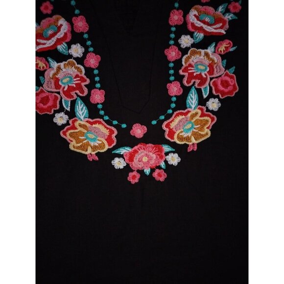 Womens Floral Embroidered Black Short Sleeve Blouse, 100% Cotton, Size S - Picture 4 of 7